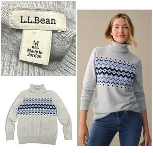L.L.Bean Cashmere Blend Turtleneck Fair Isle Sweater Intarsia Geometric Cream
